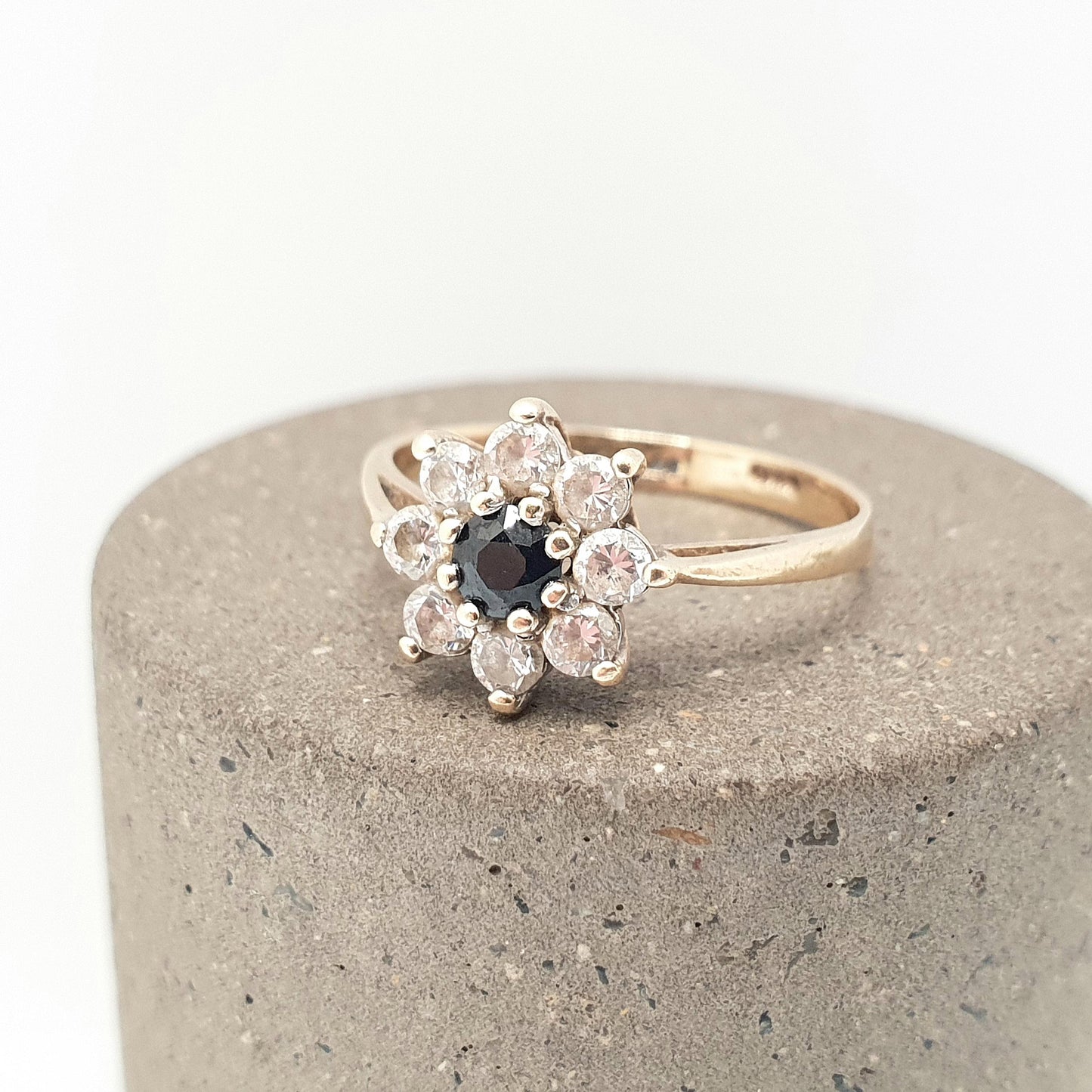 Vintage 9ct 9kt Gold Sapphire Halo Ring CZ Cluster Large Big Dark Blue Sparkly Gemstone Solid Womens Jewelry Jewellery