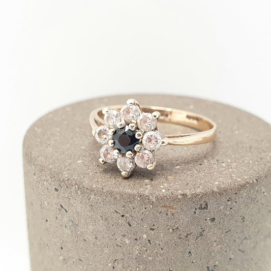 Vintage 9ct 9kt Gold Sapphire Halo Ring CZ Cluster Large Big Dark Blue Sparkly Gemstone Solid Womens Jewelry Jewellery