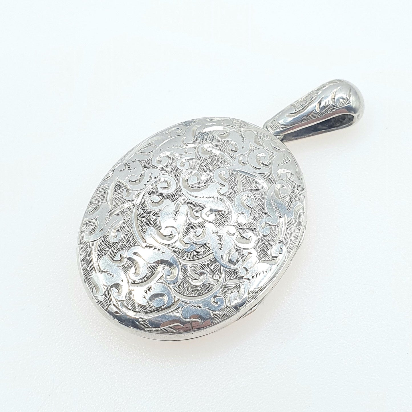 Antique Victorian Solid Silver Locket Large Oval Hand Engraved on Both Sides Photo Picture Vintage Womens Jewelry Jewellery