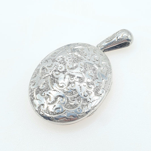 Antique Victorian Solid Silver Locket Large Oval Hand Engraved on Both Sides Photo Picture Vintage Womens Jewelry Jewellery