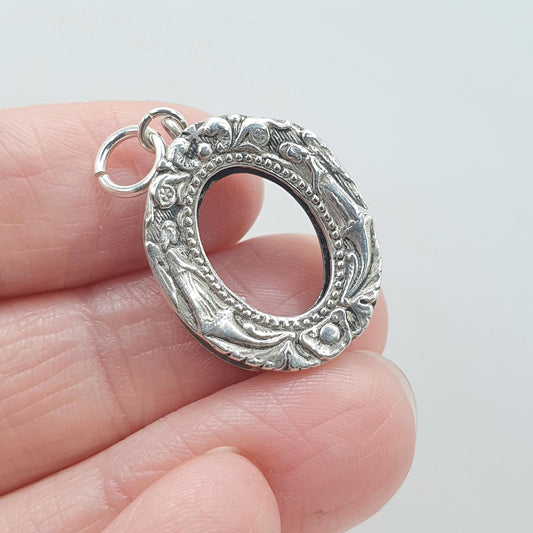 Antique Victorian Solid Silver Locket Angel Embossed Pendant Necklace Guardian Cherub SPARES REPAIRS Vintage Jewelry Jewellery