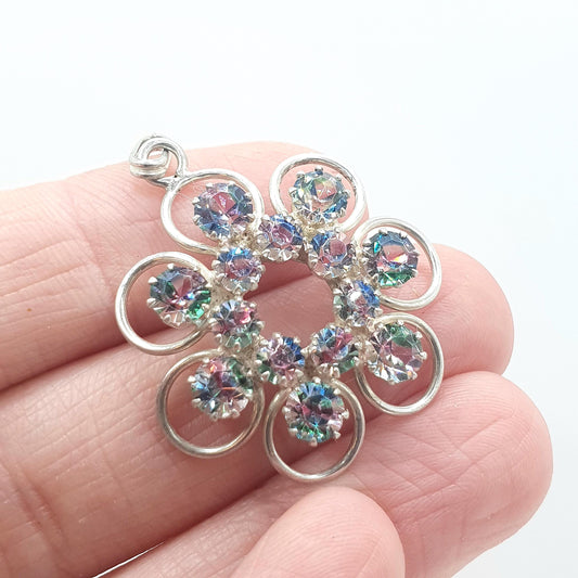 RESERVED/SOLD DON Old Vintage Solid Silver Iris Rainbow Glass Pendant Cluster Tutti Fruiti Necklace Multi Coloured 1950’s