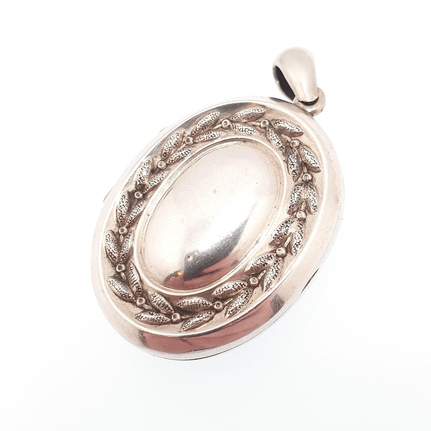 Antique Victorian Solid Silver Locket Wreath Leaf Border Big Large Oval Pendant Picture Photo Vintage 1800s Jewelry Jewellery