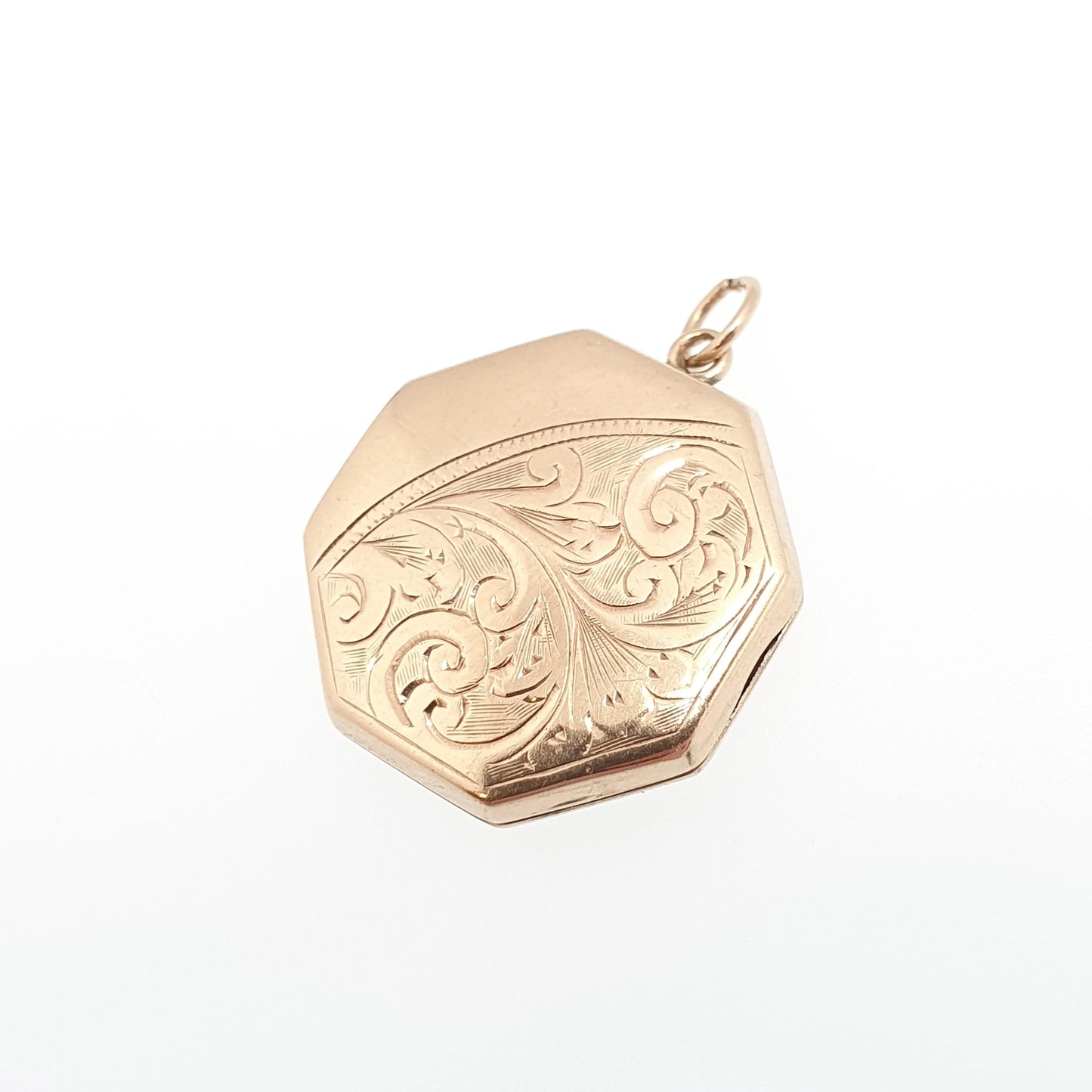 Antique 9ct 9k Gold Octagonal Locket Pendant Art Deco Engraved Solid 375 9kt Back & Front Picture Photo Vintage Necklace