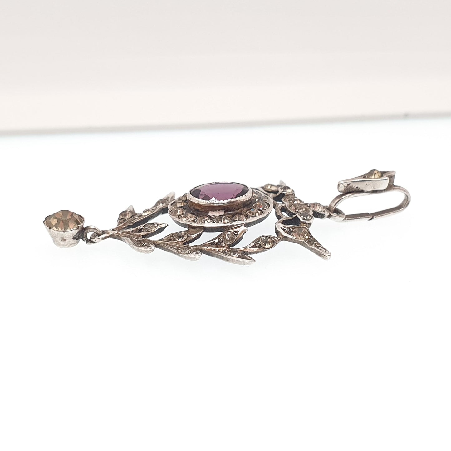 Antique Solid Silver Amethyst & Diamond Paste Pendant Necklace Art Nouveau Rare Vintage Womens Jewellery Jewelry