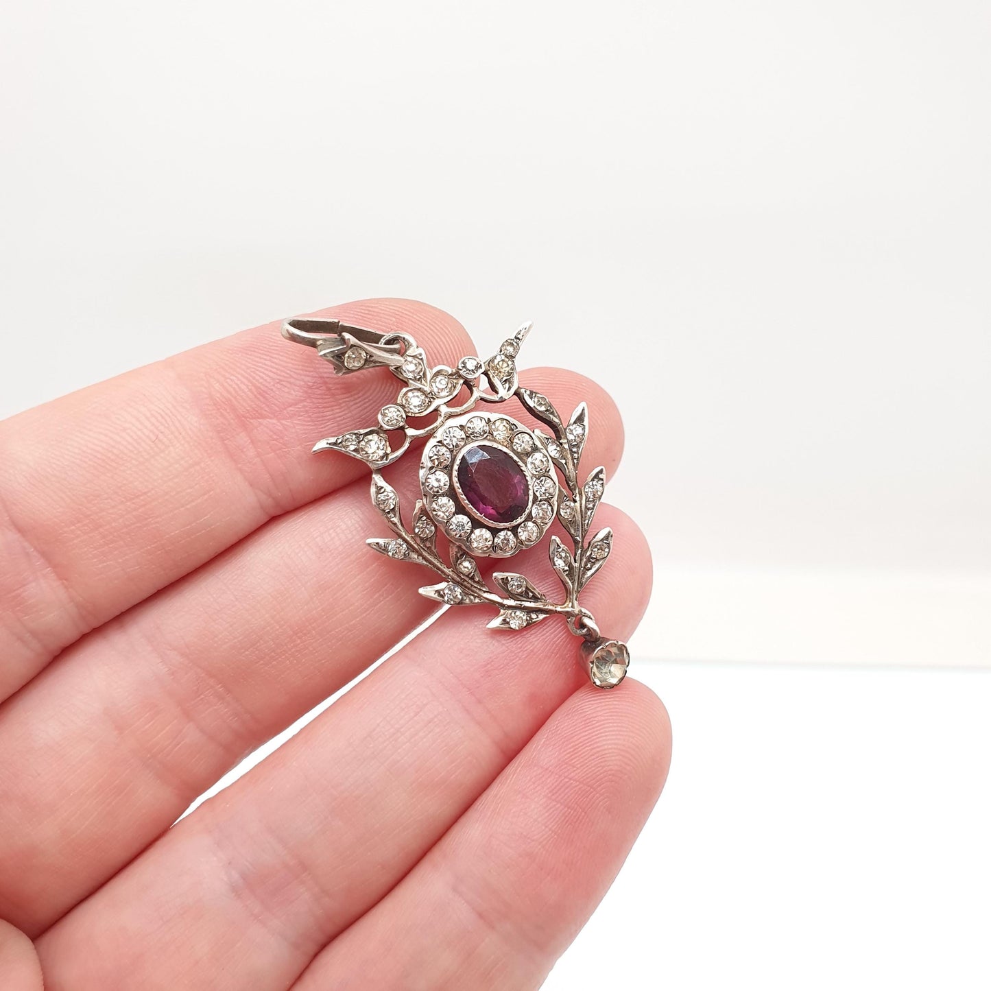 Antique Solid Silver Amethyst & Diamond Paste Pendant Necklace Art Nouveau Rare Vintage Womens Jewellery Jewelry