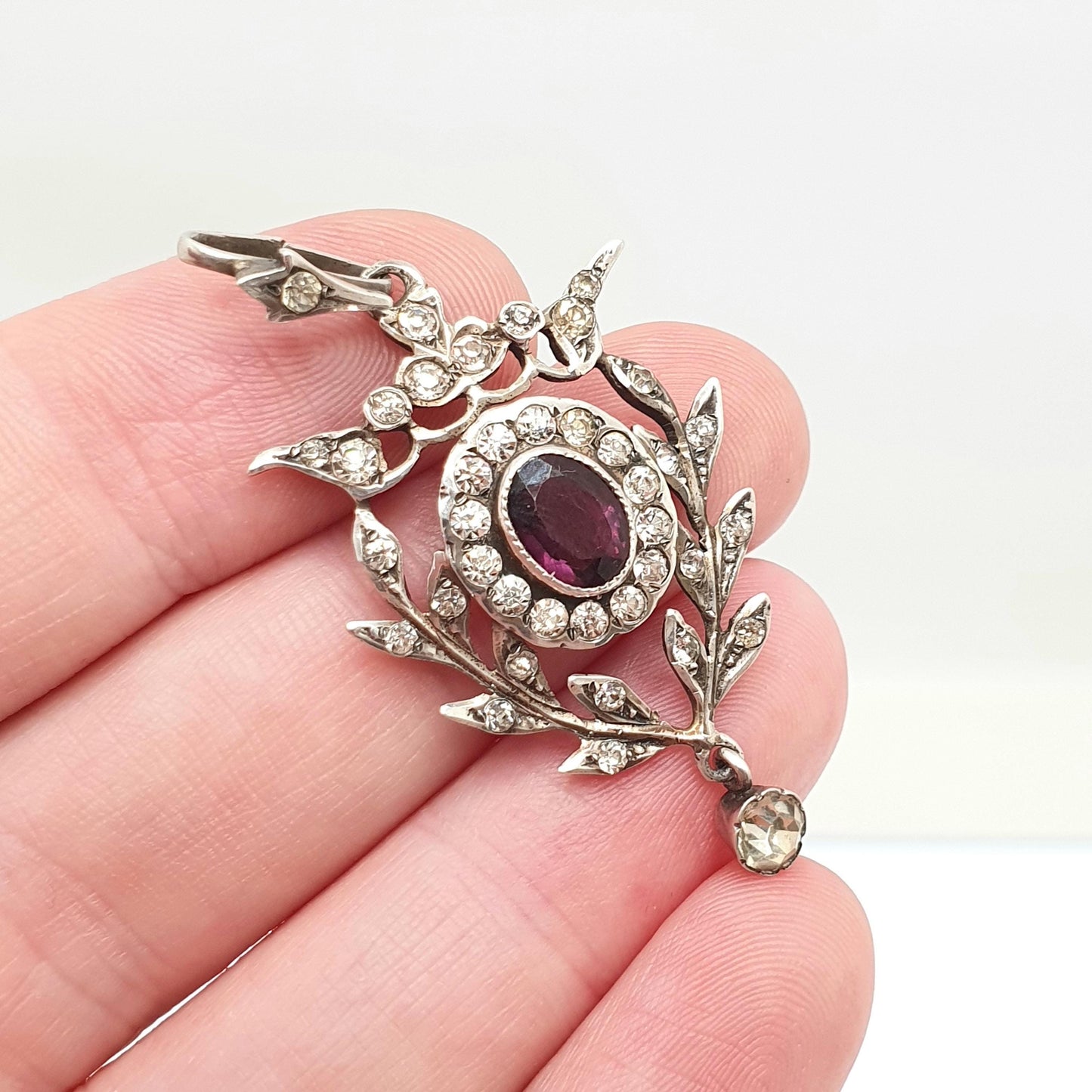Antique Solid Silver Amethyst & Diamond Paste Pendant Necklace Art Nouveau Rare Vintage Womens Jewellery Jewelry