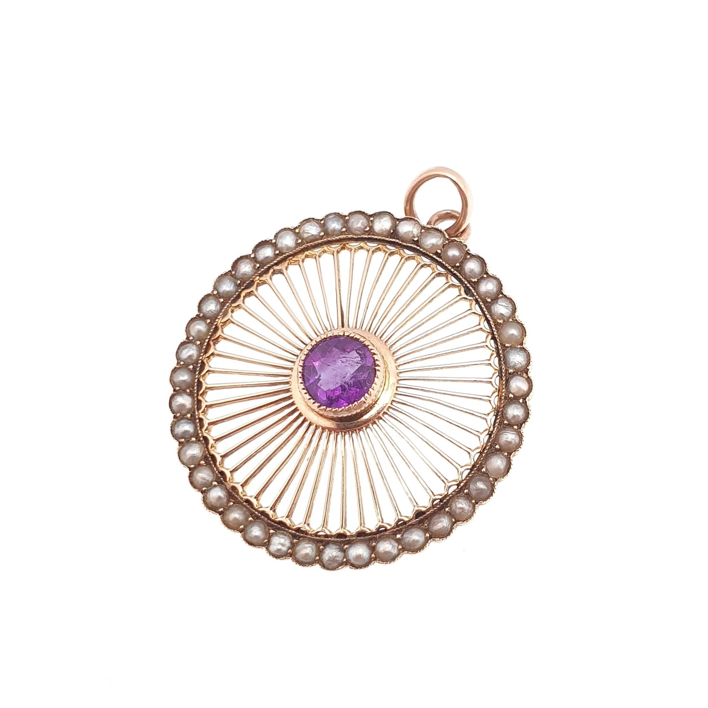 Antique 9ct 9k Gold Amethyst Pendant Wheel Necklace Seed Pearl Edwardian Spiral Swirl Openwork Vintage Jewellery Jewelry