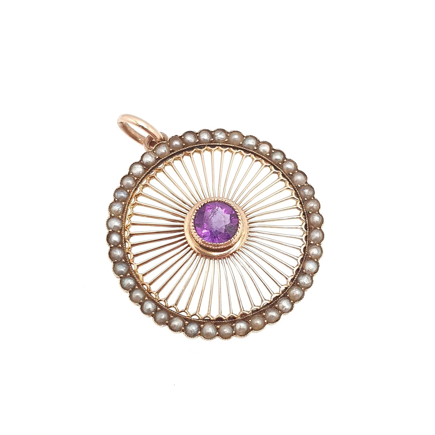 Antique 9ct 9k Gold Amethyst Pendant Wheel Necklace Seed Pearl Edwardian Spiral Swirl Openwork Vintage Jewellery Jewelry