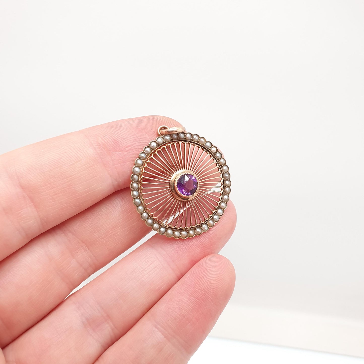 Antique 9ct 9k Gold Amethyst Pendant Wheel Necklace Seed Pearl Edwardian Spiral Swirl Openwork Vintage Jewellery Jewelry