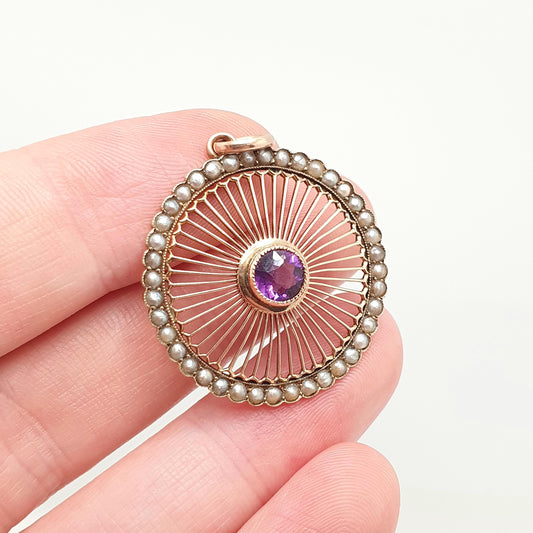 Antique 9ct 9k Gold Amethyst Pendant Wheel Necklace Seed Pearl Edwardian Spiral Swirl Openwork Vintage Jewellery Jewelry