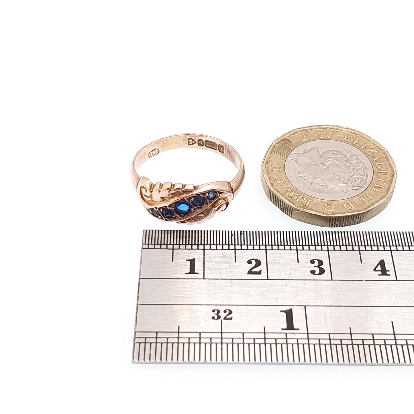 Antique 9ct Gold Sapphire Ring 1906 Hallmark Solid 375 9k 9kt Five 5 Gemstone Blue Womens Vintage Jewelry Jewellery