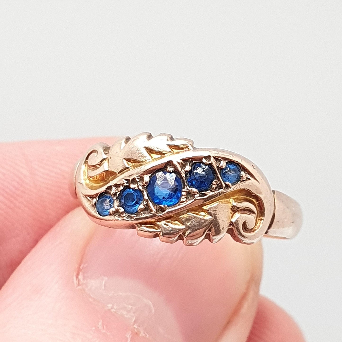 Antique 9ct Gold Sapphire Ring 1906 Hallmark Solid 375 9k 9kt Five 5 Gemstone Blue Womens Vintage Jewelry Jewellery