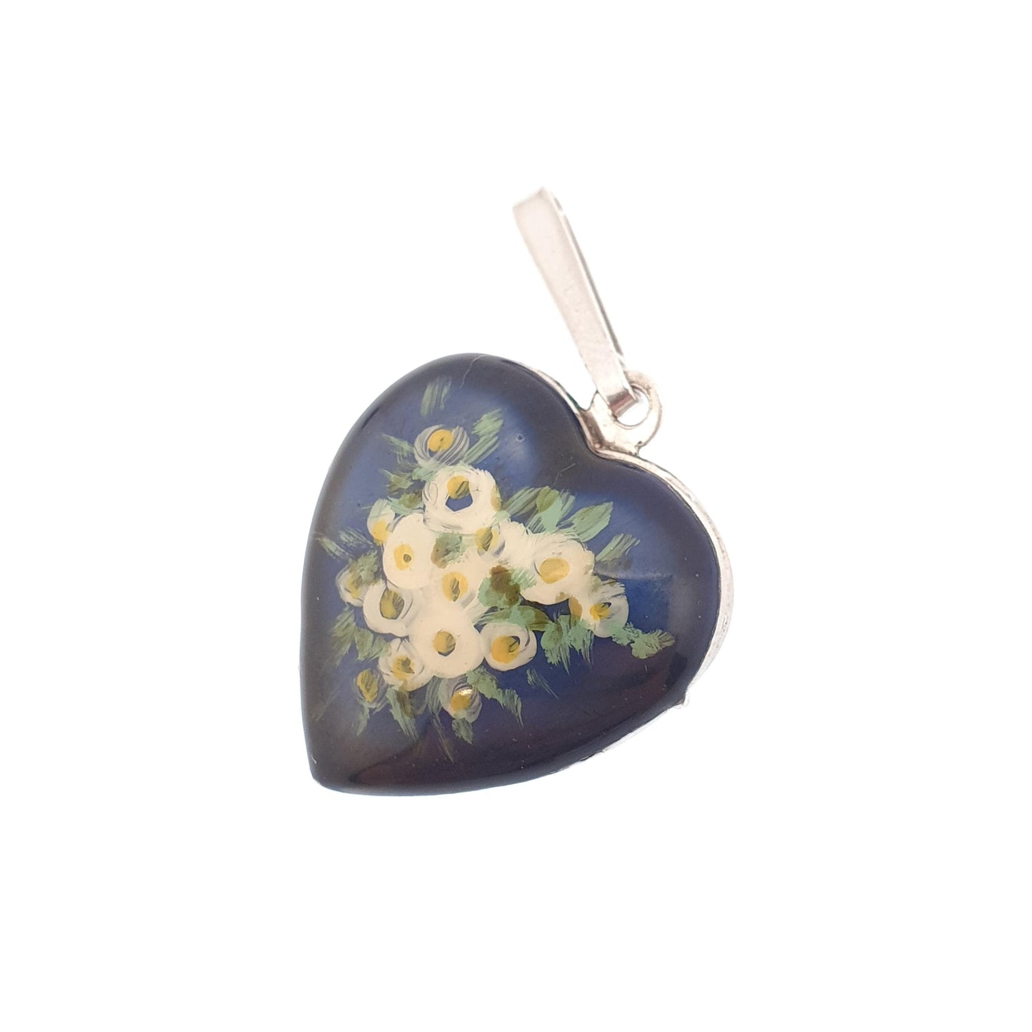 Vintage Solid Silver Enamel Heart Locket Hand Painted Navy Dark Blue Flowers Pendant Photo Picture Solid 925 Jewelry Jewellery