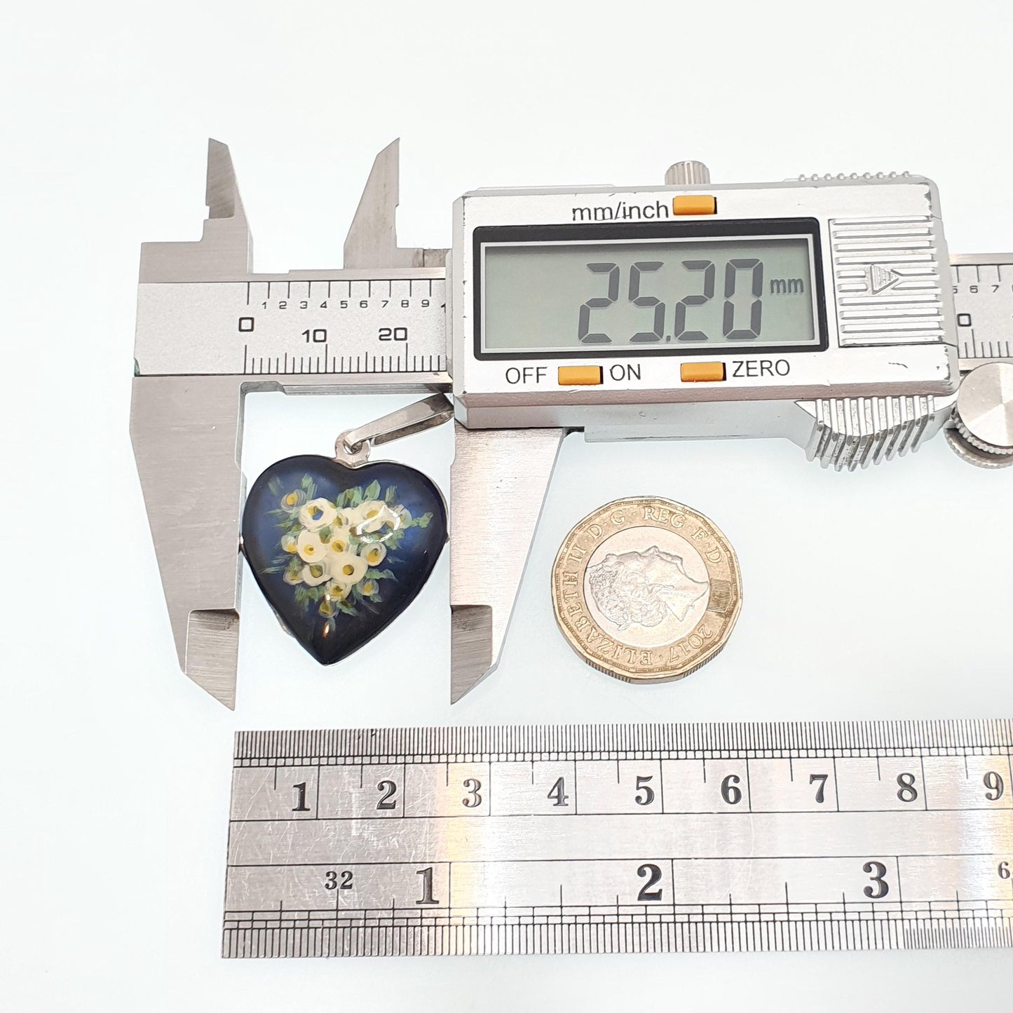 Vintage Solid Silver Enamel Heart Locket Hand Painted Navy Dark Blue Flowers Pendant Photo Picture Solid 925 Jewelry Jewellery