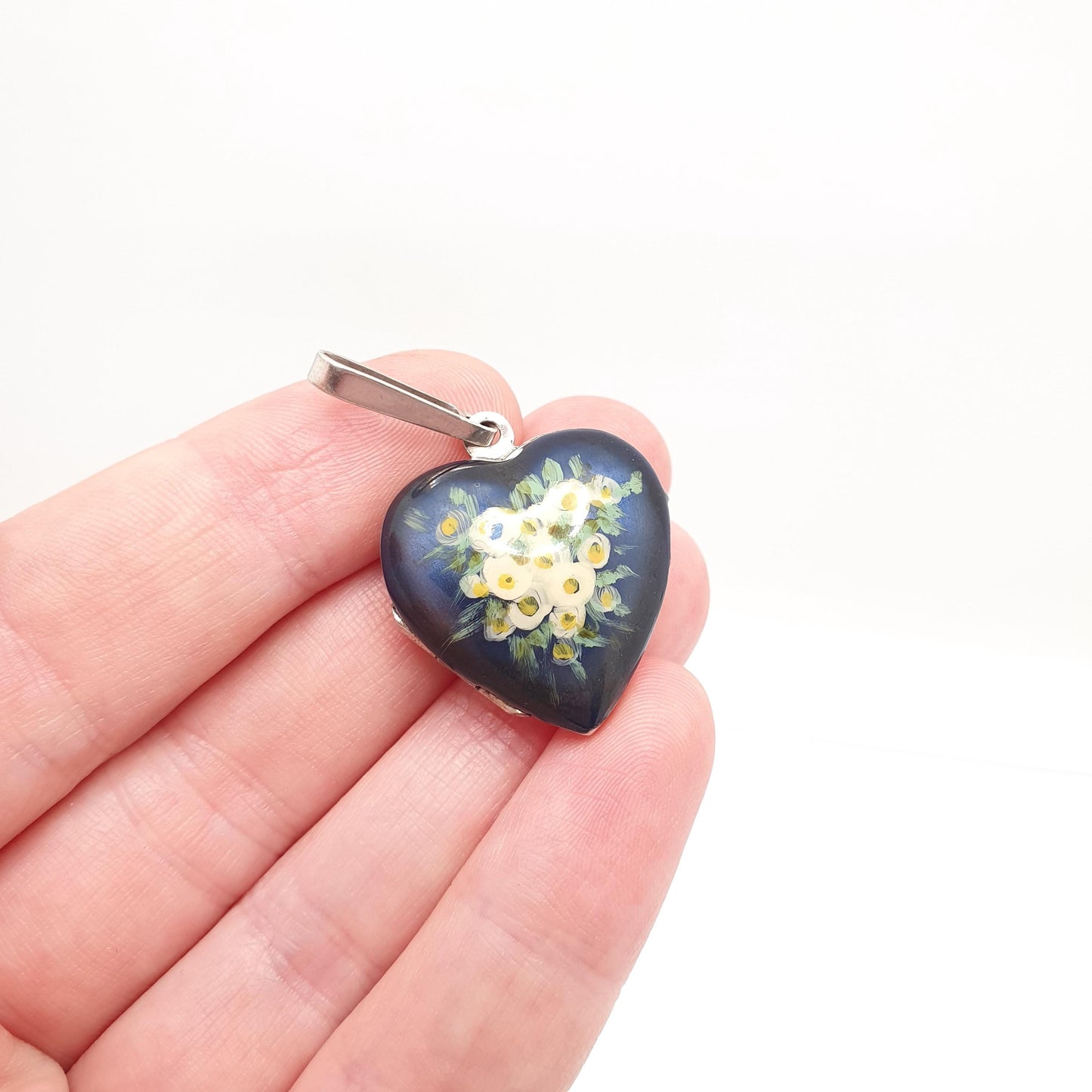 Vintage Solid Silver Enamel Heart Locket Hand Painted Navy Dark Blue Flowers Pendant Photo Picture Solid 925 Jewelry Jewellery