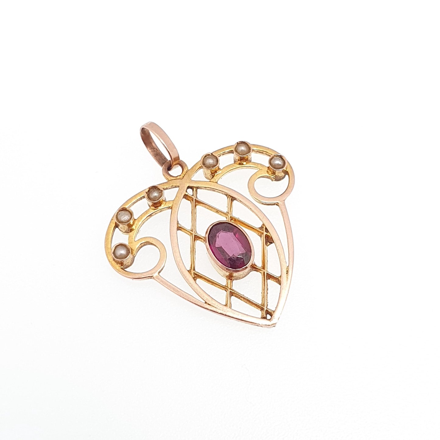 Antique 9ct Gold Heart Pendant Garnet Seed Pearl Necklace Solid 9k 375 Edwardian Hanging Openwork Vintage Womens Jewellery Jewelry