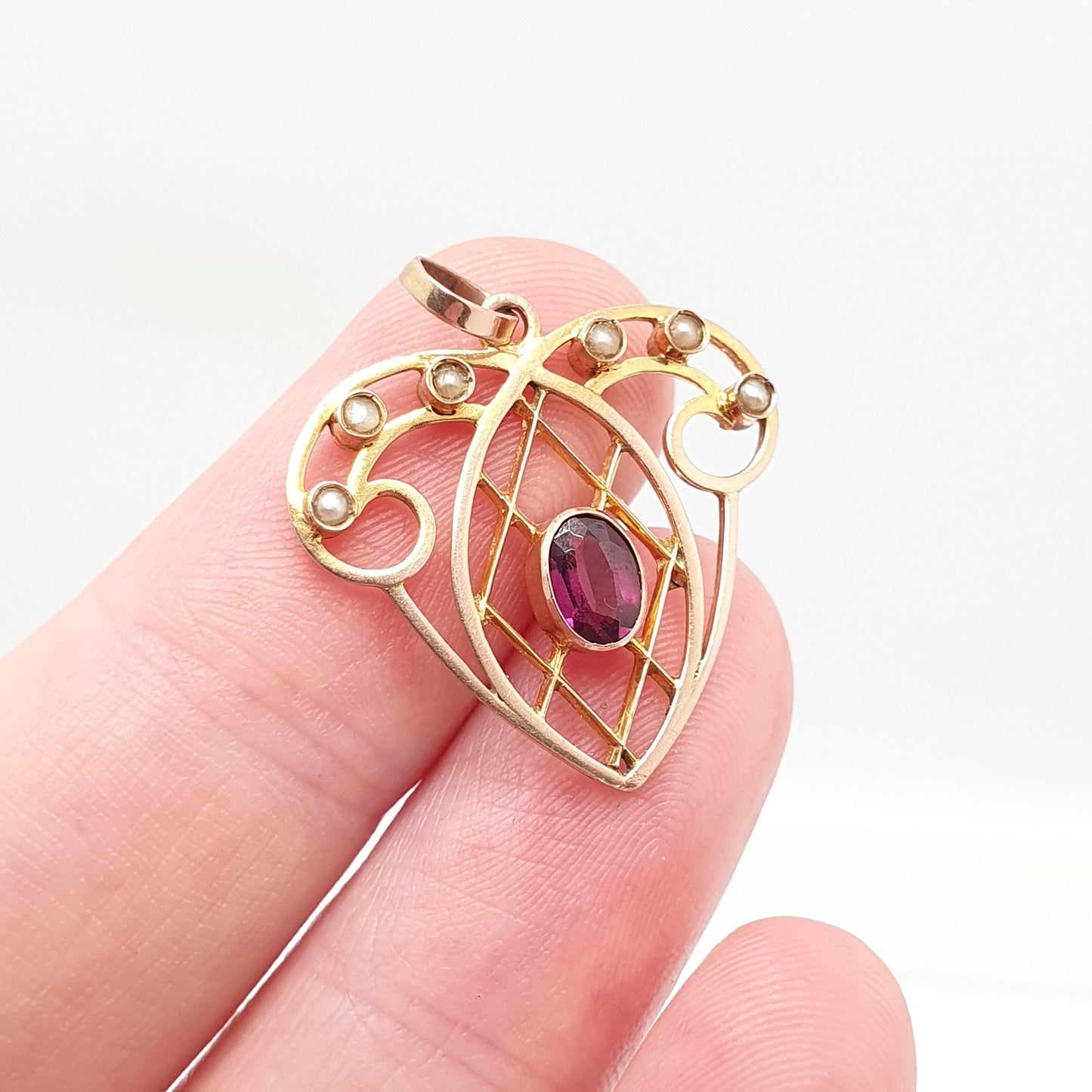 Antique 9ct Gold Heart Pendant Garnet Seed Pearl Necklace Solid 9k 375 Edwardian Hanging Openwork Vintage Womens Jewellery Jewelry