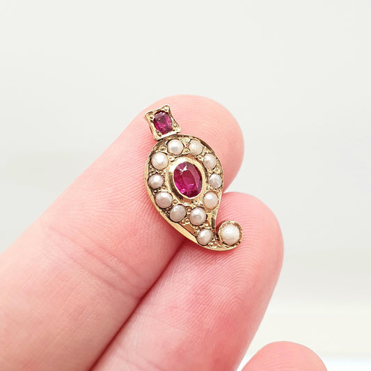 Antique Victorian 18ct 18k Gold Ruby Pearl Necklace Pendant Victorian Teardrop Solid 750 Vintage Jewelry Jewellery