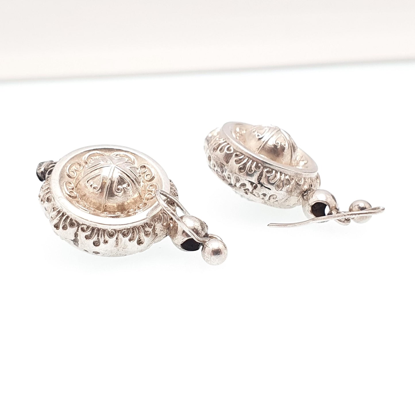 Antique Solid Silver Victorian Earrings Etruscan Centre Hook Dangle Aesthetic Drop Genuine 1800s Womens Vintage Jewelry Jewellery