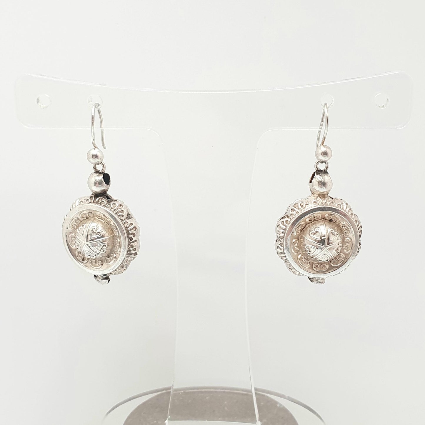 Antique Solid Silver Victorian Earrings Etruscan Centre Hook Dangle Aesthetic Drop Genuine 1800s Womens Vintage Jewelry Jewellery