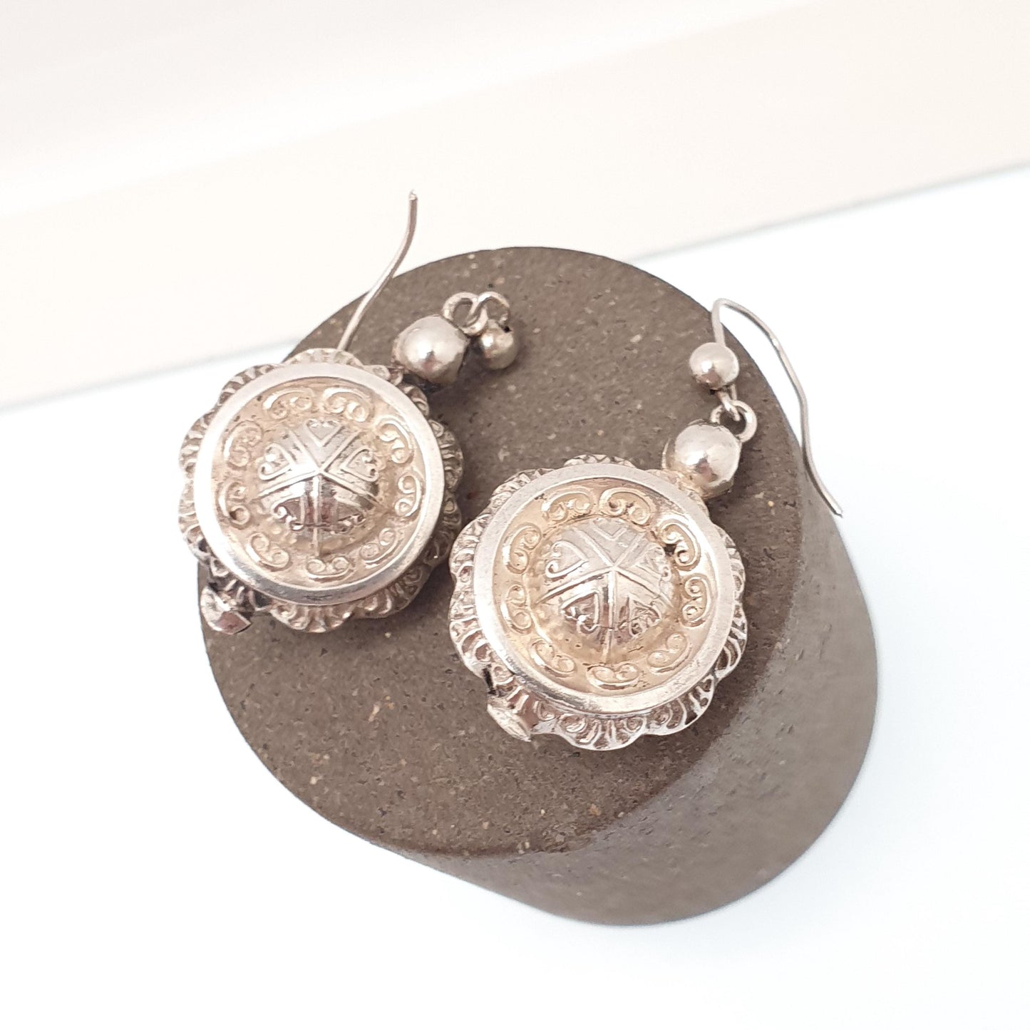 Antique Solid Silver Victorian Earrings Etruscan Centre Hook Dangle Aesthetic Drop Genuine 1800s Womens Vintage Jewelry Jewellery