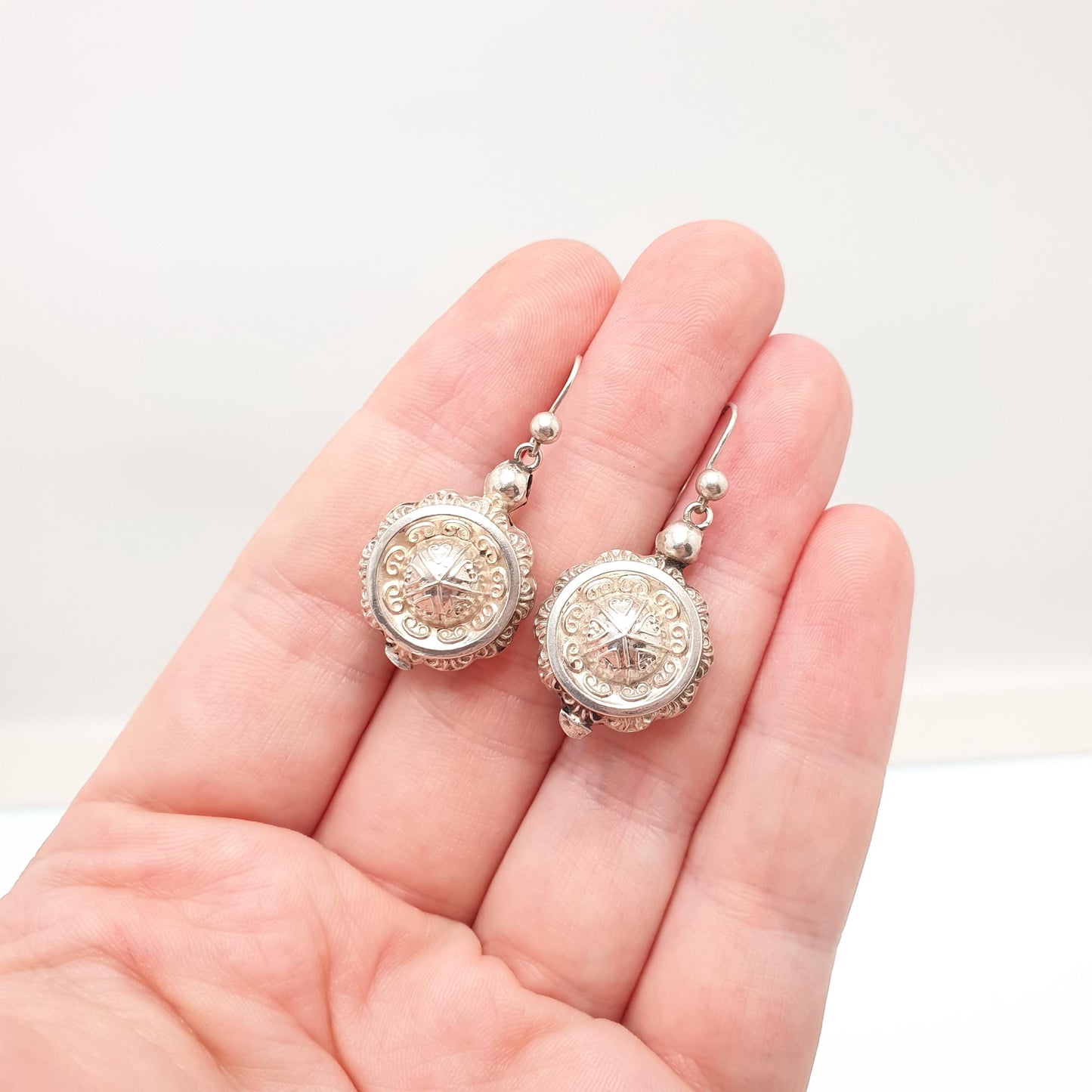 Antique Solid Silver Victorian Earrings Etruscan Centre Hook Dangle Aesthetic Drop Genuine 1800s Womens Vintage Jewelry Jewellery