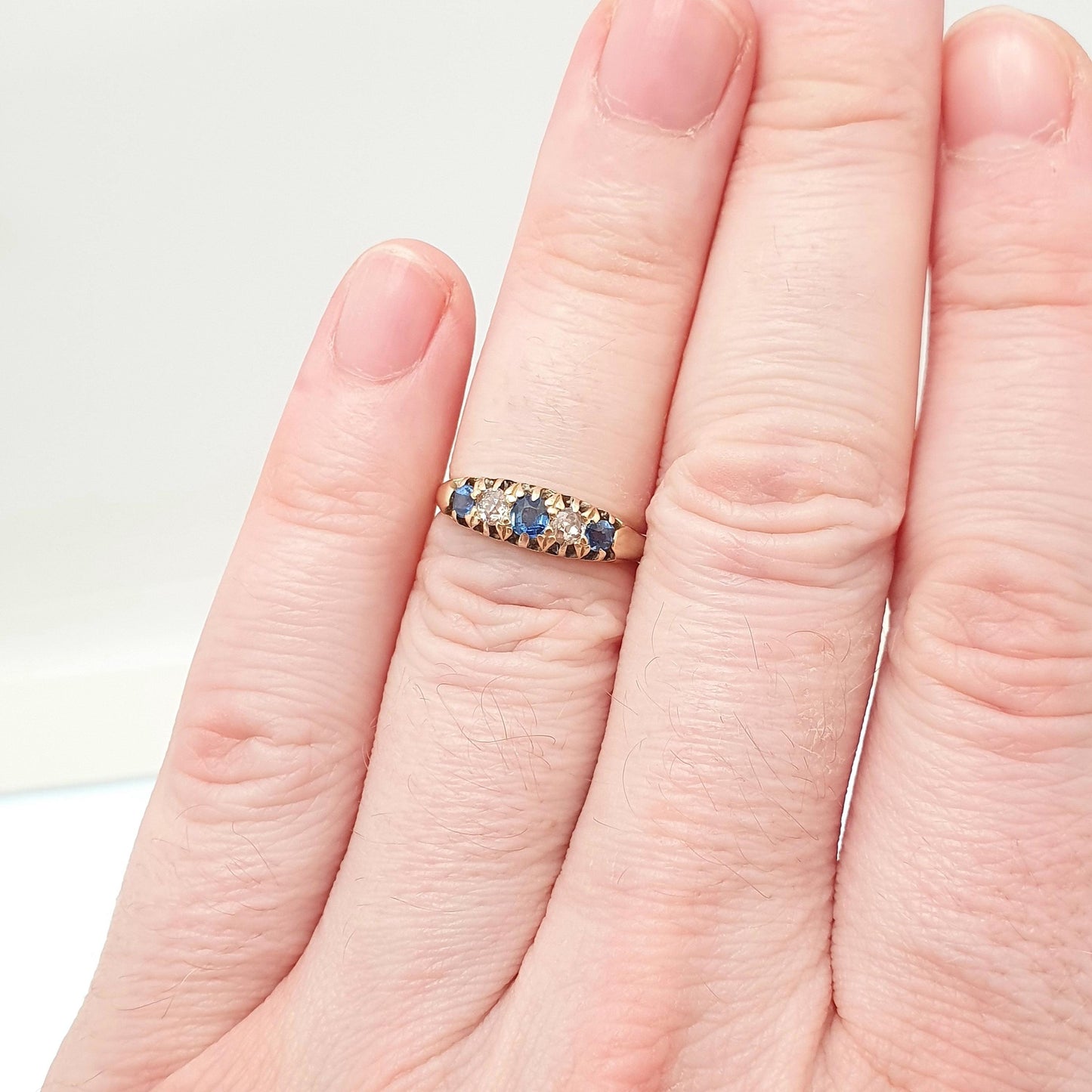 Antique 18ct Gold Sapphire & Diamond Ring Solid 18k 750 Five Gemstone Edwardian Vintage Jewelry Jewellery