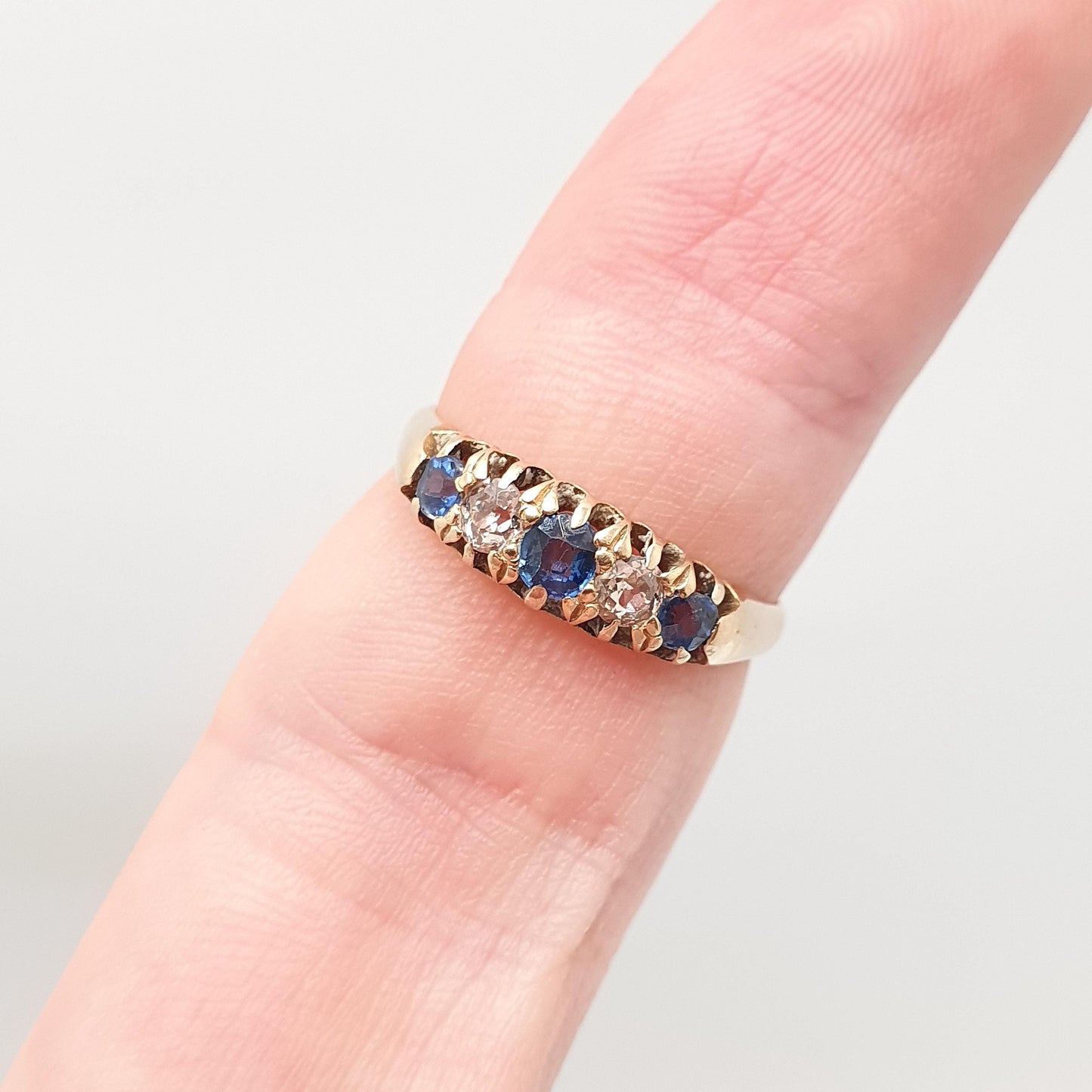 Antique 18ct Gold Sapphire & Diamond Ring Solid 18k 750 Five Gemstone Edwardian Vintage Jewelry Jewellery