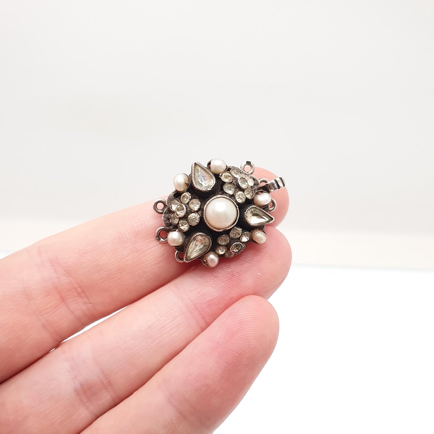 Antique Sterling Silver Cultured Pearl & Diamond Paste Clasp Necklace Bracelet Fastening Clip Triple Three Jewelry Jewellery