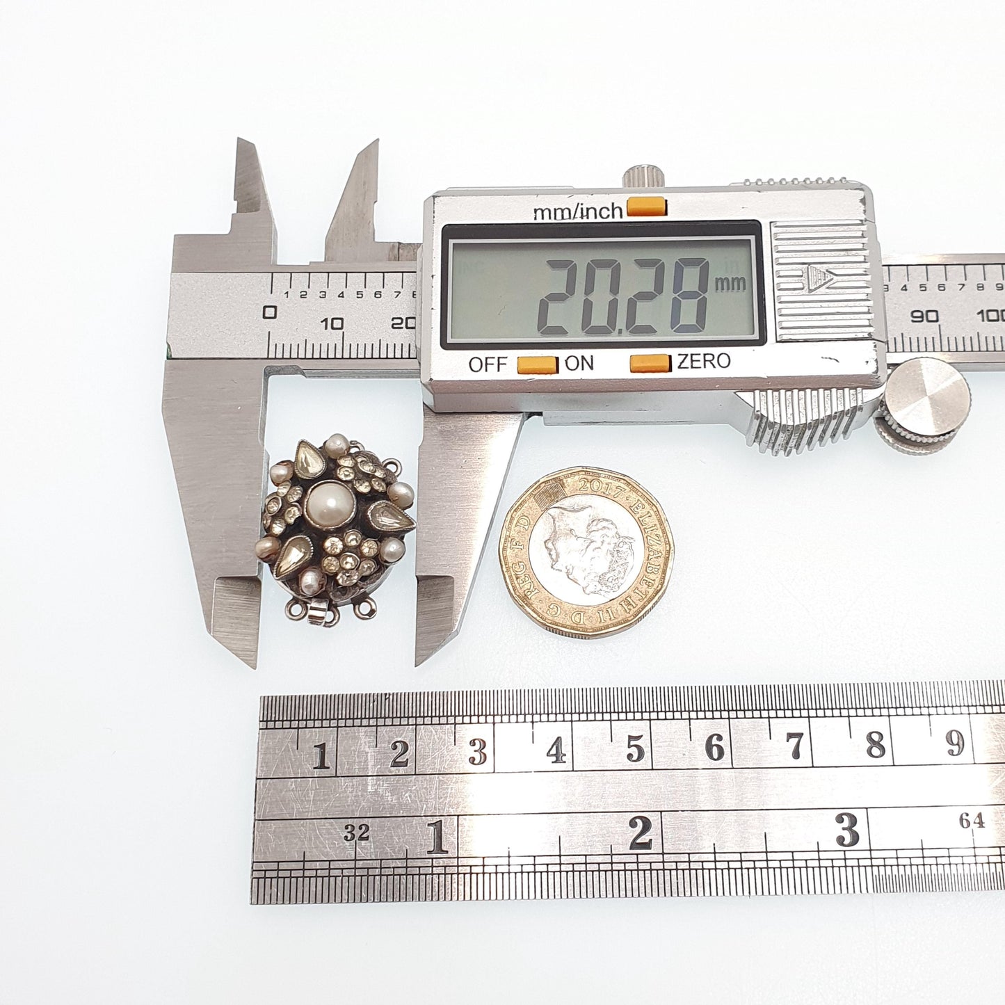 Antique Sterling Silver Cultured Pearl & Diamond Paste Clasp Necklace Bracelet Fastening Clip Triple Three Jewelry Jewellery