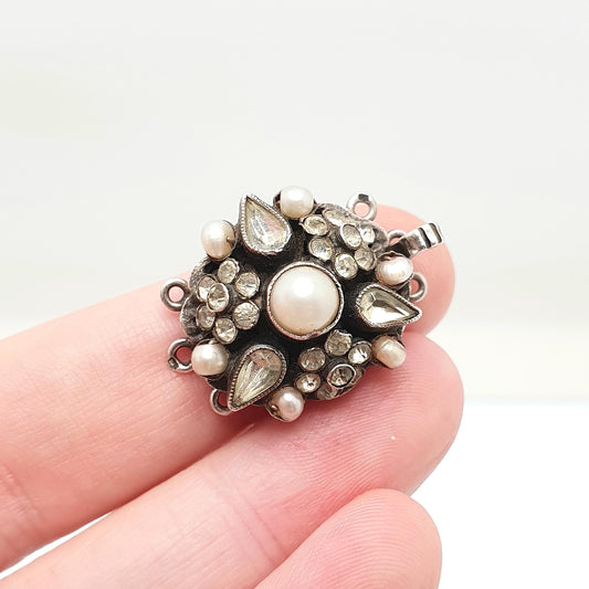 Antique Sterling Silver Cultured Pearl & Diamond Paste Clasp Necklace Bracelet Fastening Clip Triple Three Jewelry Jewellery