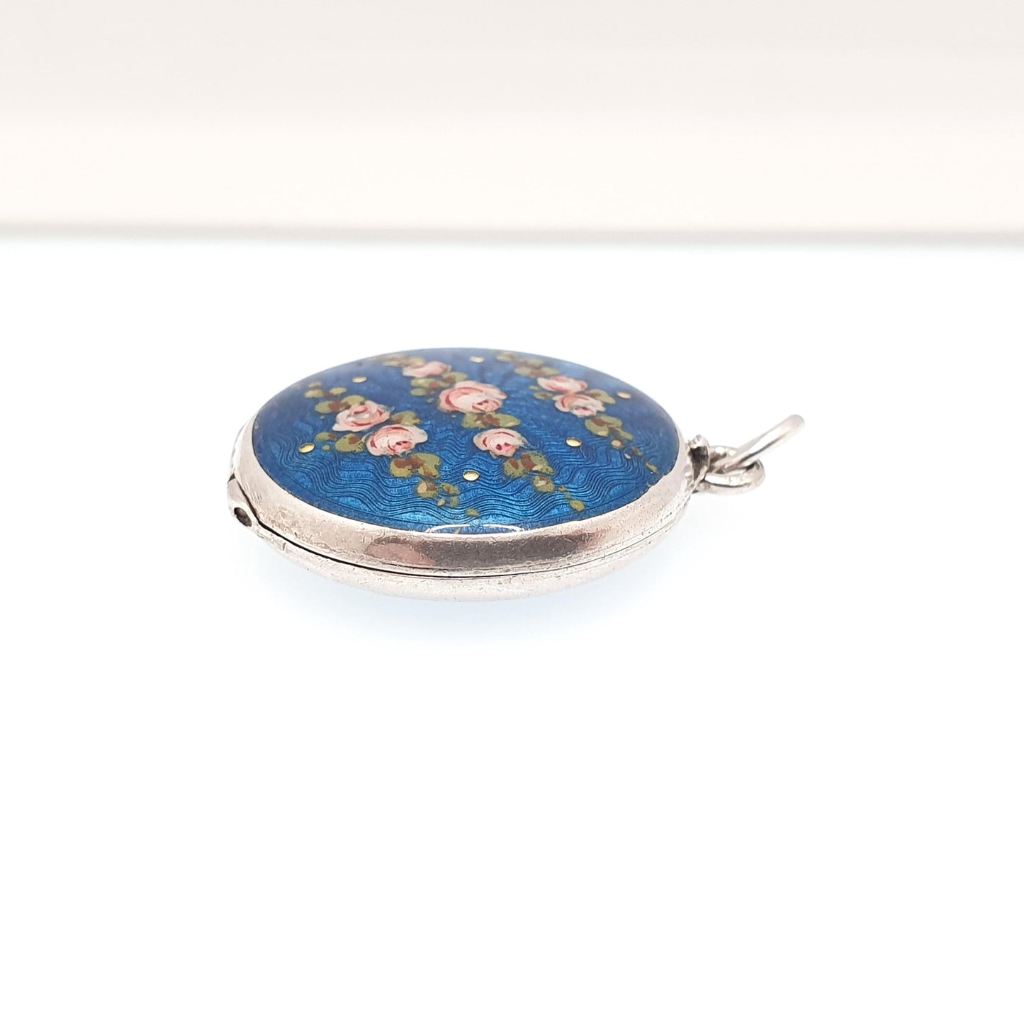 Antique Guilloche Enamel Solid Silver Locket Edwardian Rose Flower Blue Pendant Round Photo Picture Vintage Jewelry Jewelry