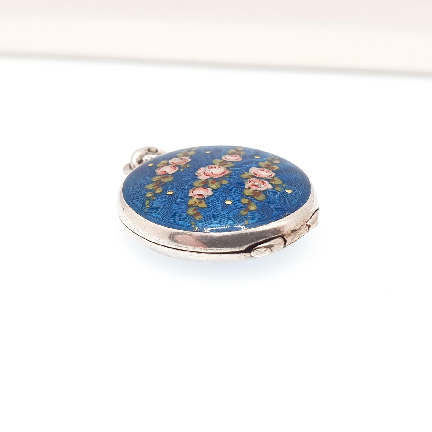 Antique Guilloche Enamel Solid Silver Locket Edwardian Rose Flower Blue Pendant Round Photo Picture Vintage Jewelry Jewelry