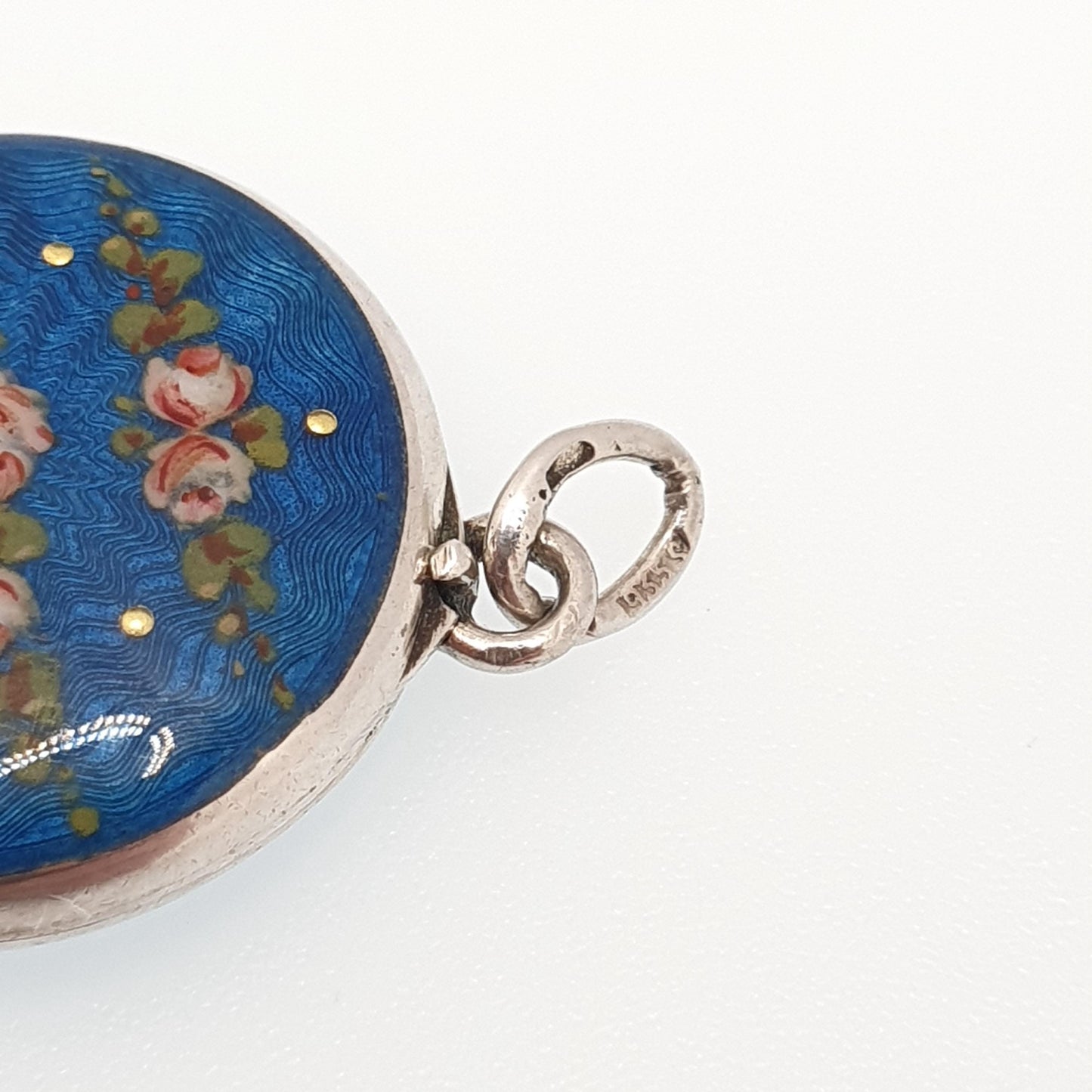 Antique Guilloche Enamel Solid Silver Locket Edwardian Rose Flower Blue Pendant Round Photo Picture Vintage Jewelry Jewelry