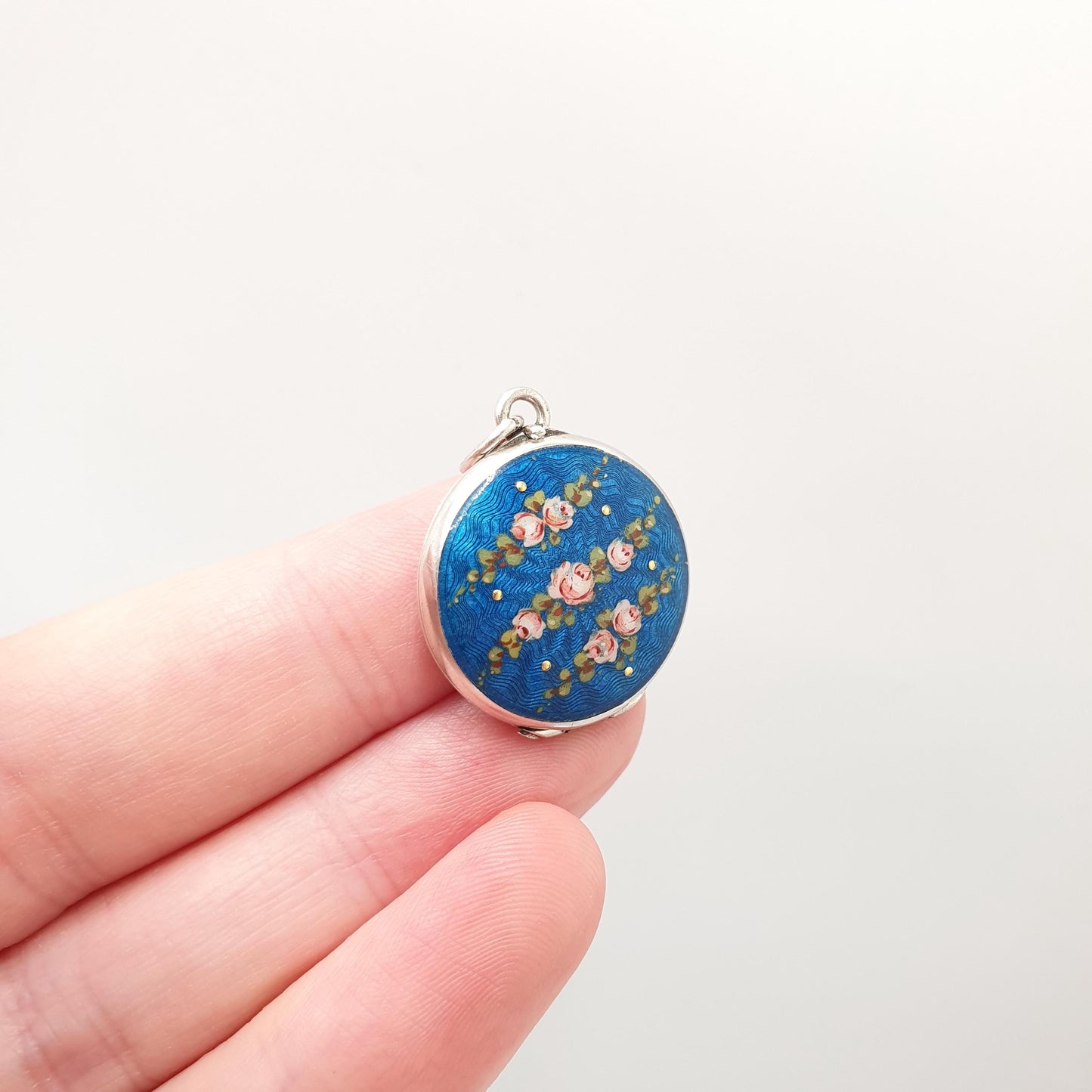 Antique Guilloche Enamel Solid Silver Locket Edwardian Rose Flower Blue Pendant Round Photo Picture Vintage Jewelry Jewelry