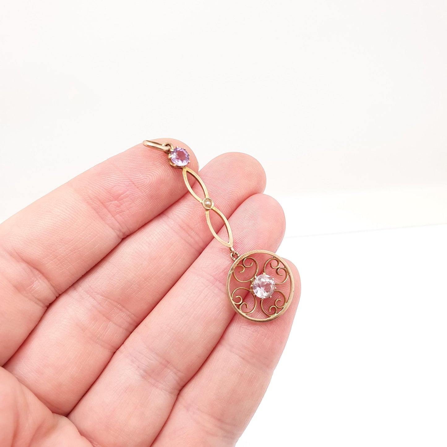 Antique 9ct 9k Gold Amethyst Paste Pendant Seed Pearl Necklace Target Drop Edwardian Openwork 1900s Vintage Jewellery Jewelry