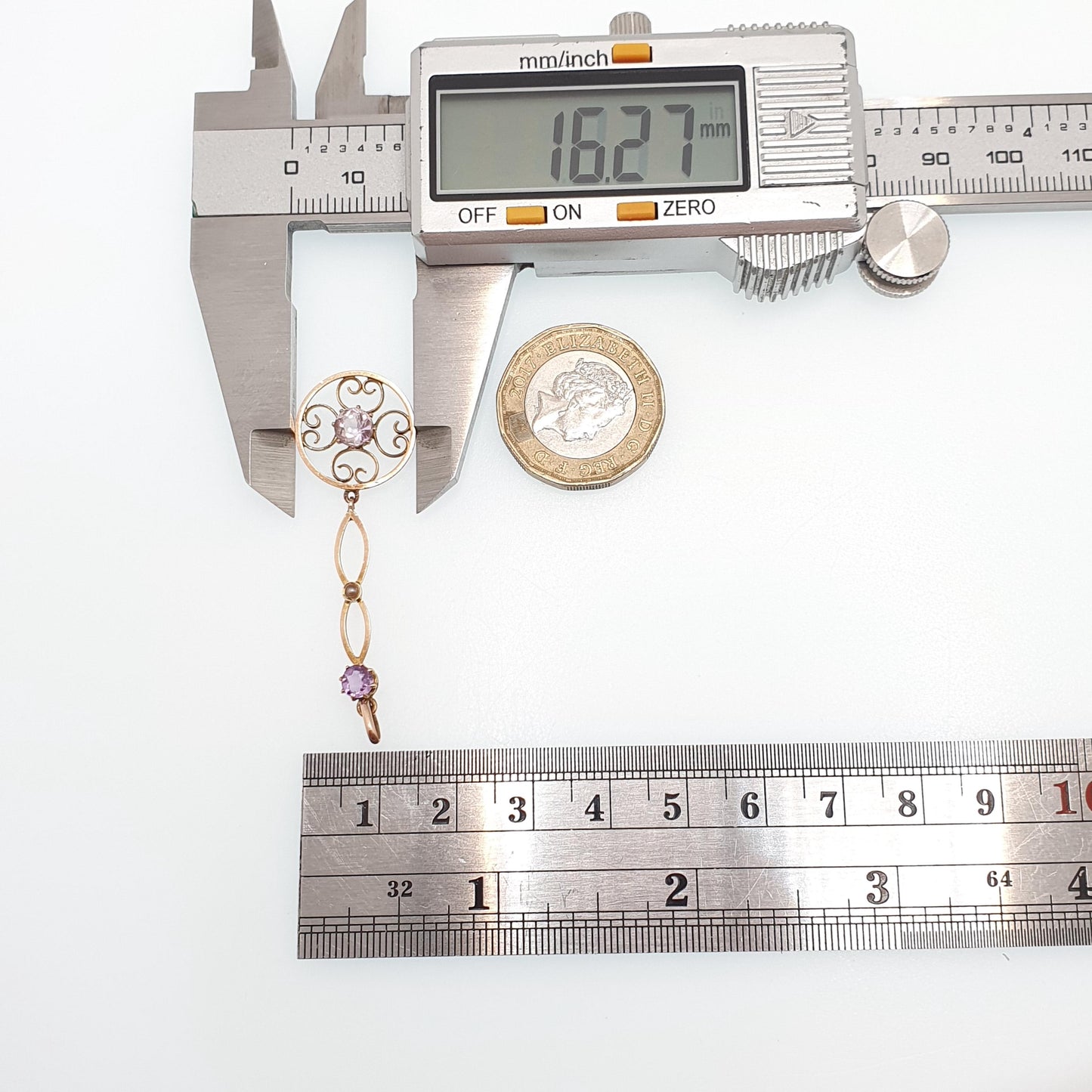 Antique 9ct 9k Gold Amethyst Paste Pendant Seed Pearl Necklace Target Drop Edwardian Openwork 1900s Vintage Jewellery Jewelry