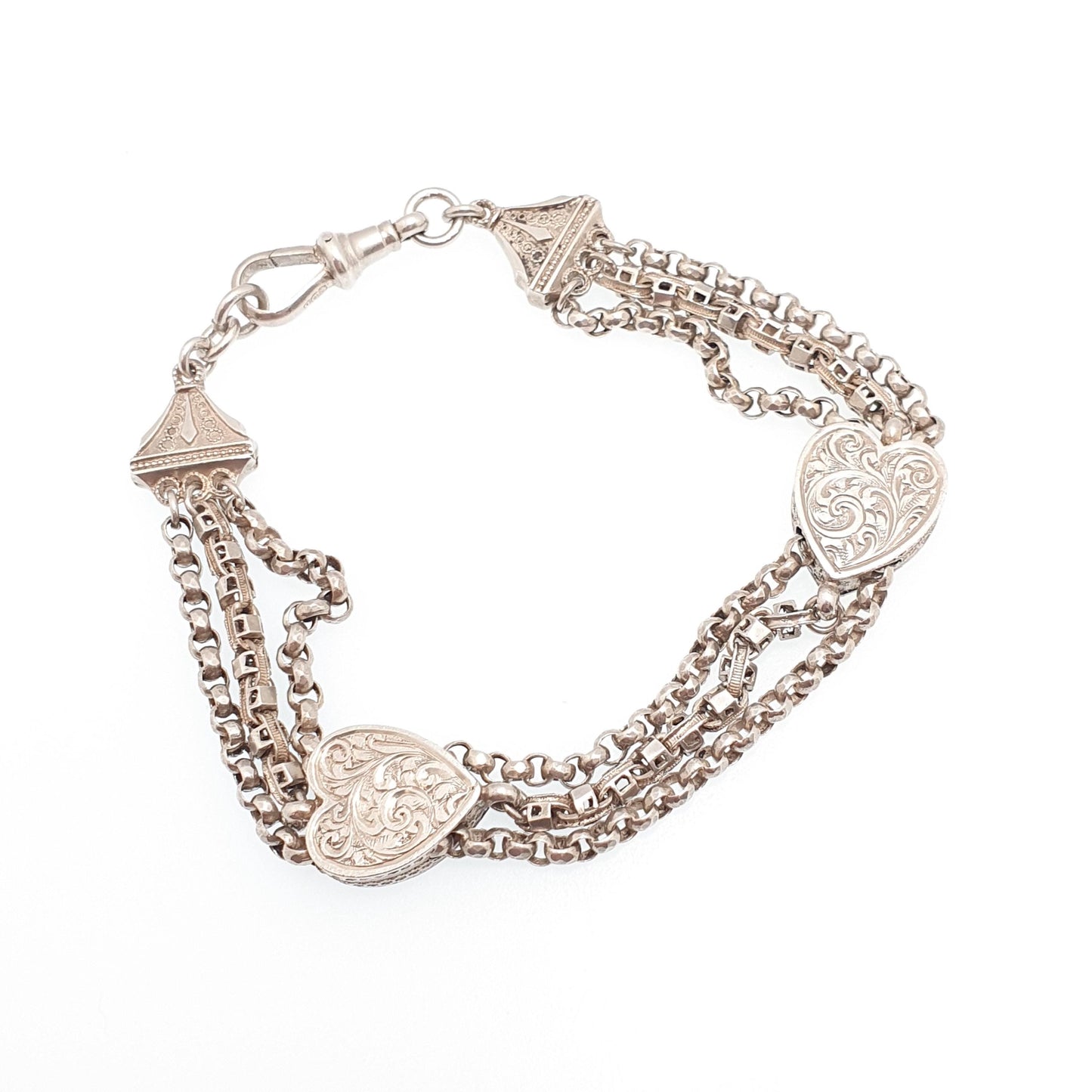 Antique Victorian Sterling Silver Albertina Bracelet Heart Belcher Link Engraved Chain 16.55g 21cm Aesthetic Vintage Gift Jewelry Jewellery