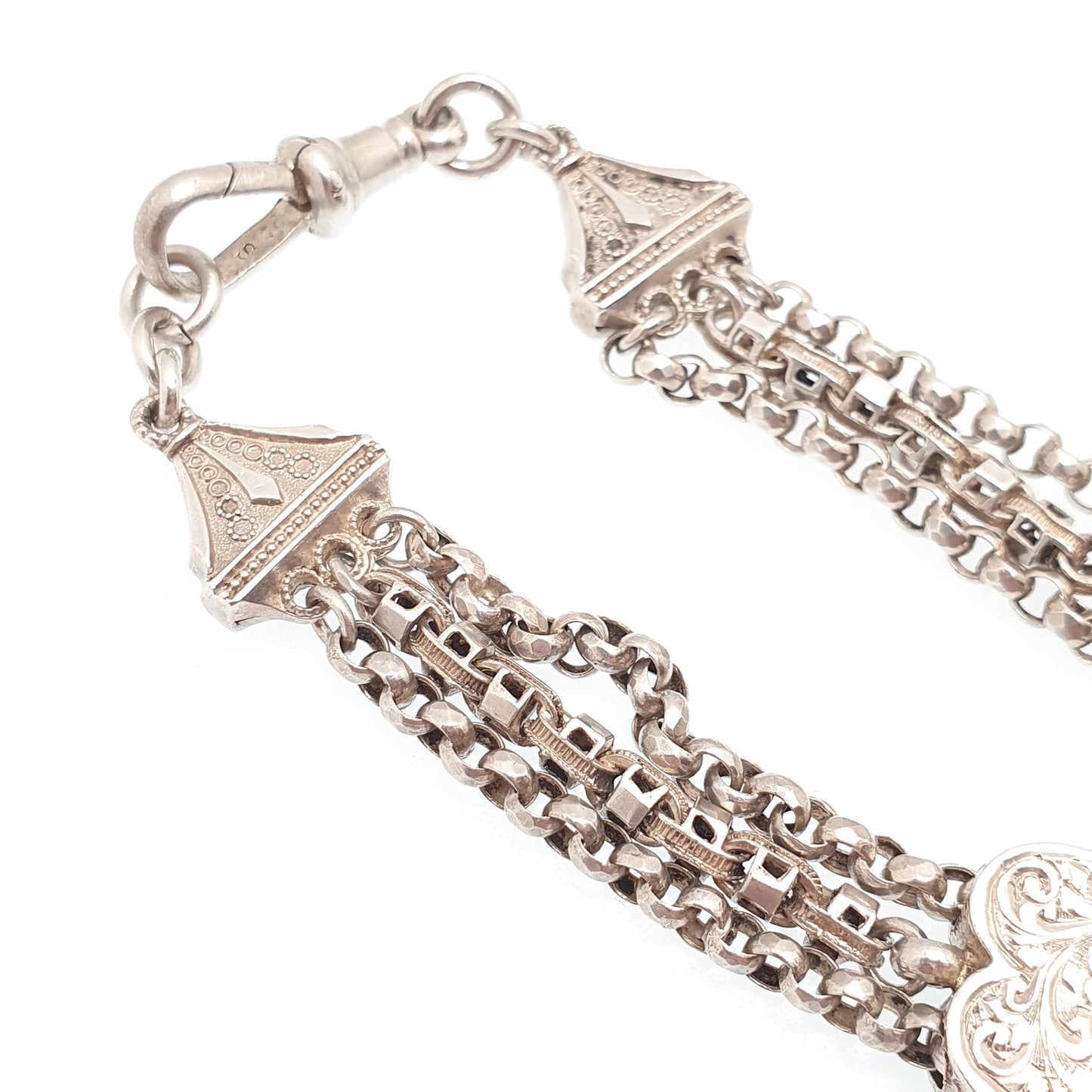 Antique Victorian Sterling Silver Albertina Bracelet Heart Belcher Link Engraved Chain 16.55g 21cm Aesthetic Vintage Gift Jewelry Jewellery