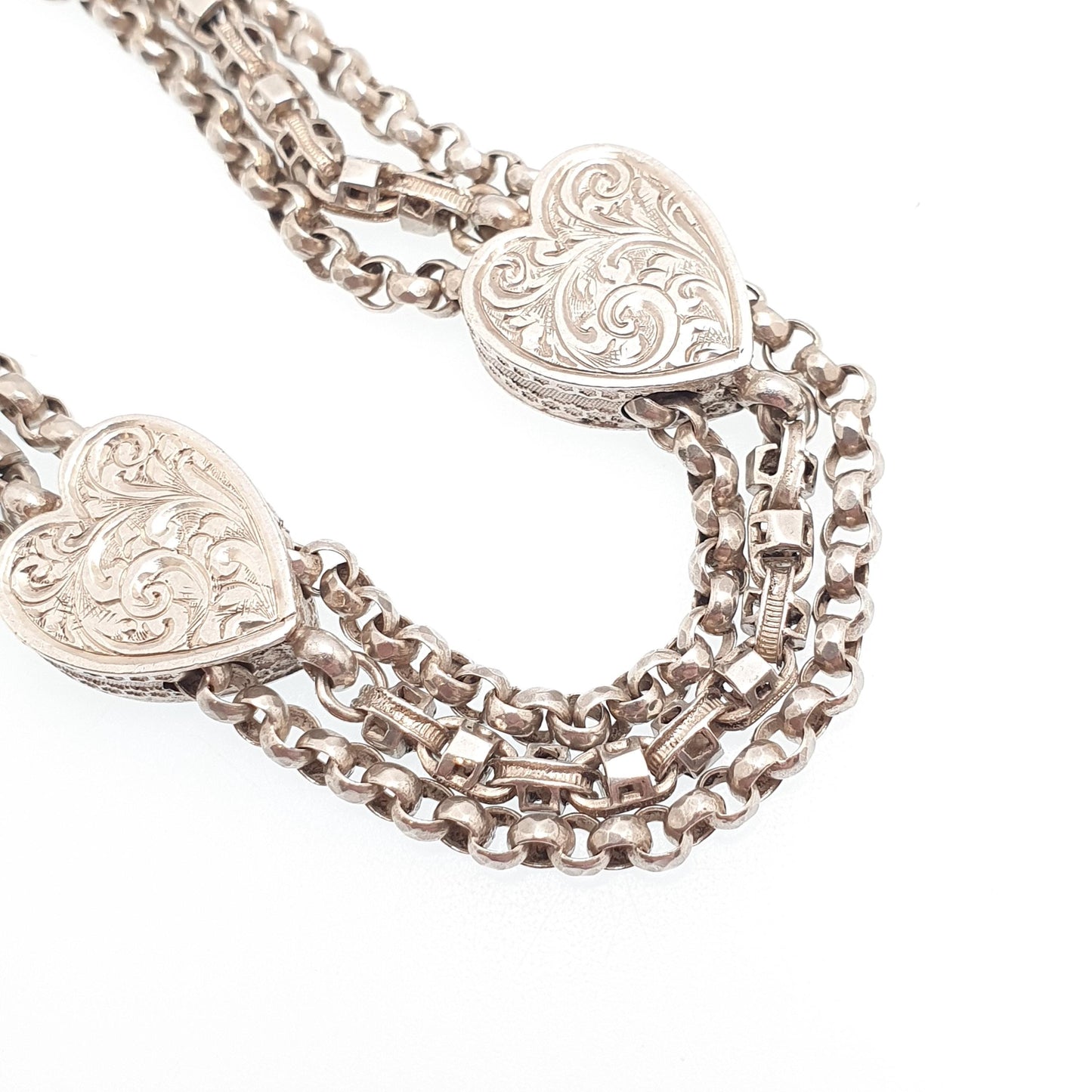 Antique Victorian Sterling Silver Albertina Bracelet Heart Belcher Link Engraved Chain 16.55g 21cm Aesthetic Vintage Gift Jewelry Jewellery