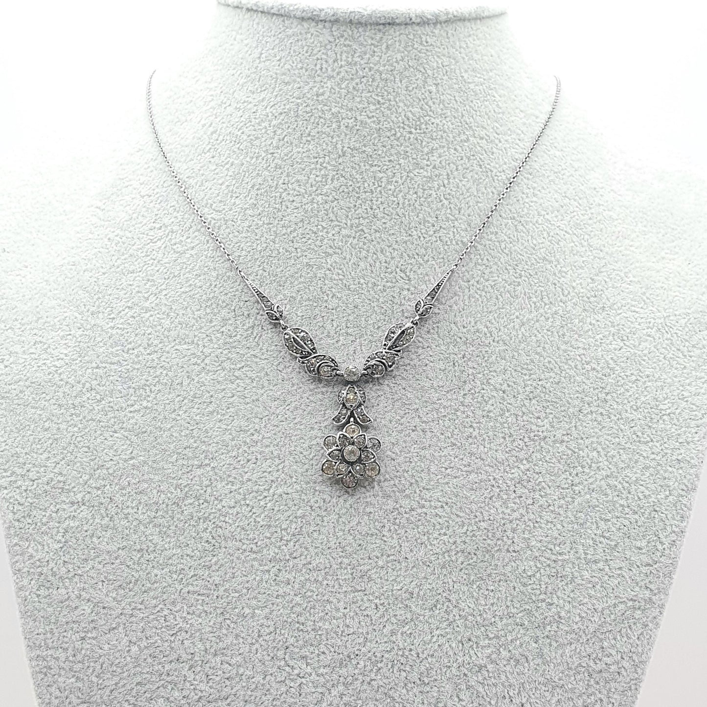 Antique Art Deco Solid Silver Diamond Paste Necklace Flower Drop Floral Rhodium Plated Sparkly Vintage Jewellery Womens Jewelry