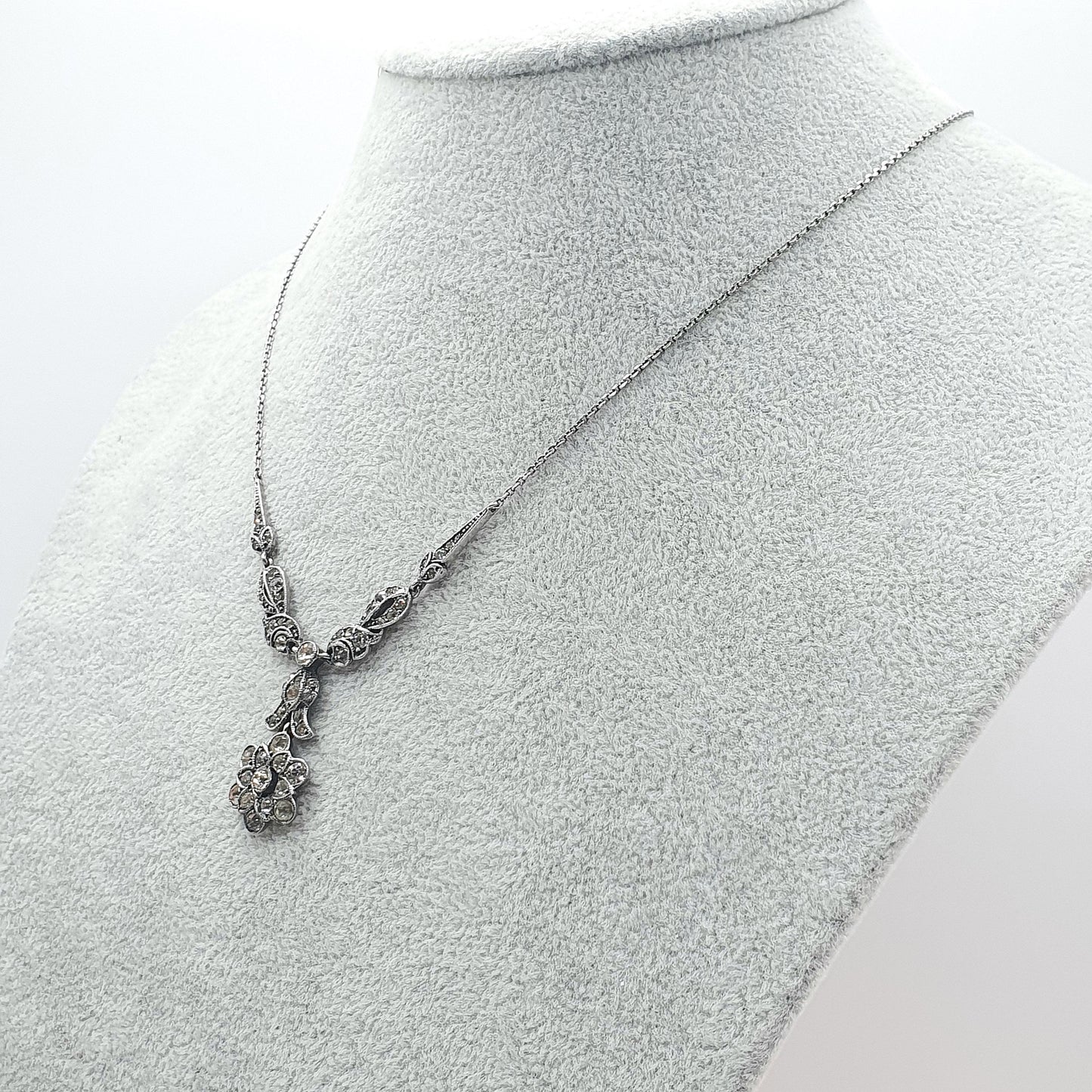 Antique Art Deco Solid Silver Diamond Paste Necklace Flower Drop Floral Rhodium Plated Sparkly Vintage Jewellery Womens Jewelry