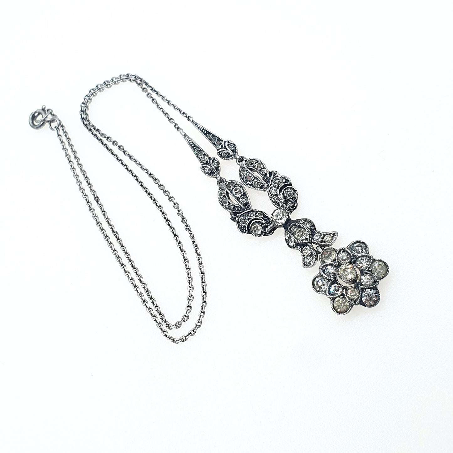Antique Art Deco Solid Silver Diamond Paste Necklace Flower Drop Floral Rhodium Plated Sparkly Vintage Jewellery Womens Jewelry