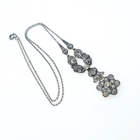 Antique Art Deco Solid Silver Diamond Paste Necklace Flower Drop Floral Rhodium Plated Sparkly Vintage Jewellery Womens Jewelry