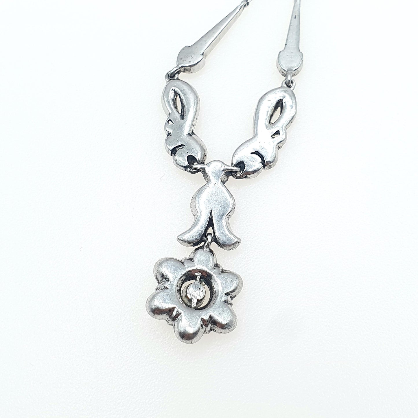 Antique Art Deco Solid Silver Diamond Paste Necklace Flower Drop Floral Rhodium Plated Sparkly Vintage Jewellery Womens Jewelry