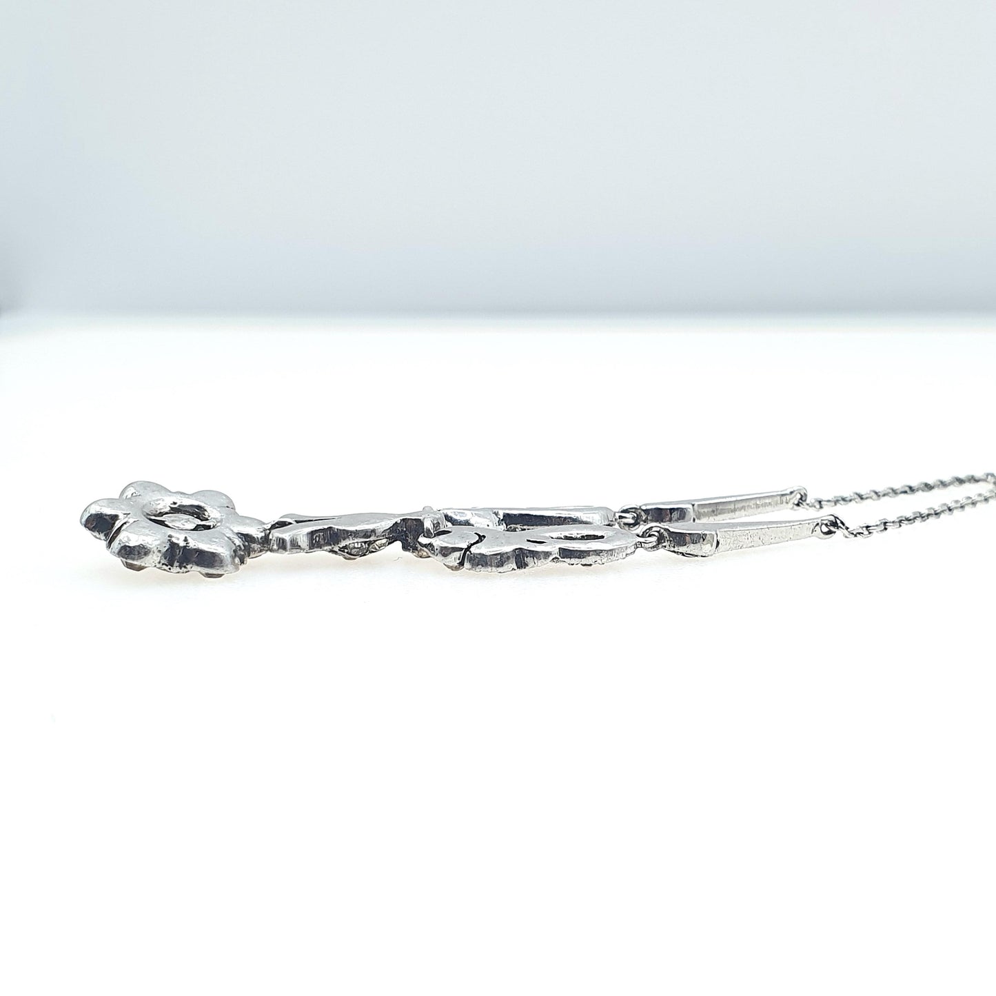 Antique Art Deco Solid Silver Diamond Paste Necklace Flower Drop Floral Rhodium Plated Sparkly Vintage Jewellery Womens Jewelry