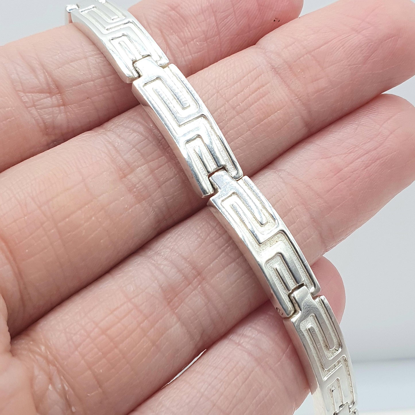 Vintage Sterling Silver Greek Key Pattern Bracelet Magnetic 18.5cm 26.86g Heavy Geometric Womens Jewelry Jewellery