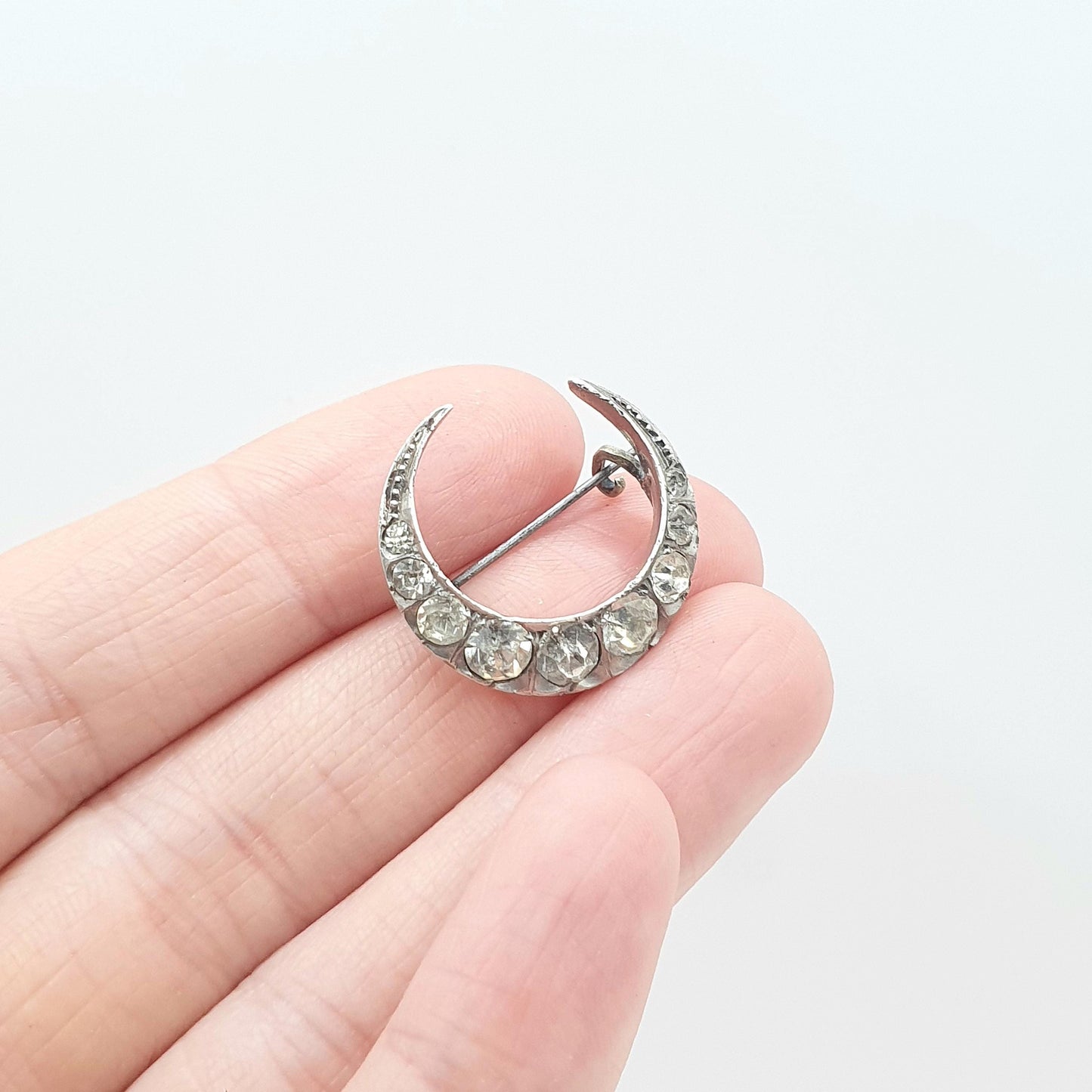 Antique Victorian Solid Silver Crescent Moon Diamond Paste Brooch Celestial Night Sky Womens Jewelry Jewellery Unisex Mens