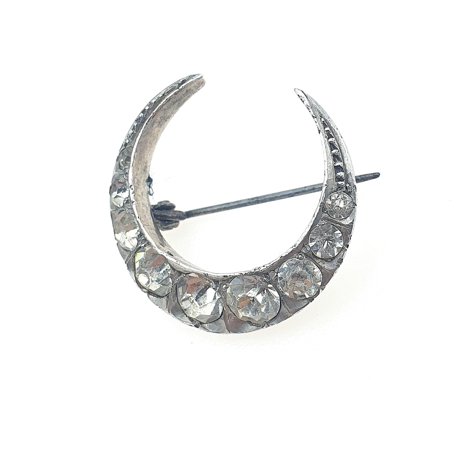 Antique Victorian Solid Silver Crescent Moon Diamond Paste Brooch Celestial Night Sky Womens Jewelry Jewellery Unisex Mens